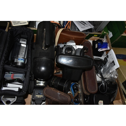 700 - THREE BOXES AND LOOSE PHOTOGRAPHIC AND ELECTRICAL EQUIPMENT, to include a vintage Phillips radio, ca... 