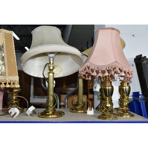 702 - THIRTEEN TABLE LAMPS, mainly brass/brass effect, several with shades, tallest approximately 60cm (13... 