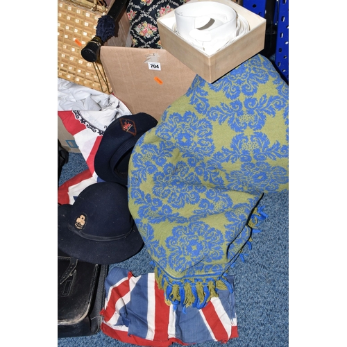 704 - TWO BOXES AND LOOSE WALKING STICKS, VINTAGE CLOTHES, ACCESSORIES AND LINENS, to include a tall galva... 