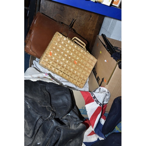 704 - TWO BOXES AND LOOSE WALKING STICKS, VINTAGE CLOTHES, ACCESSORIES AND LINENS, to include a tall galva... 