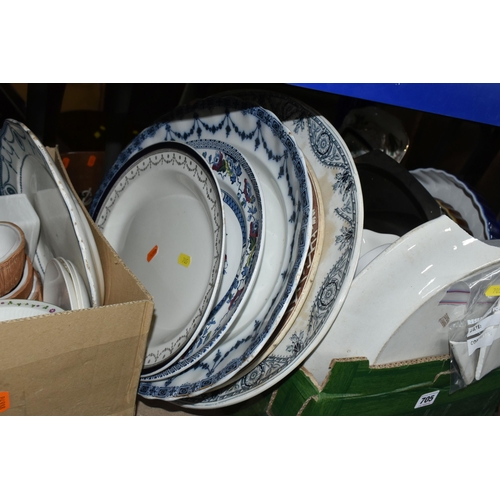 705 - THREE BOXES AND LOOSE CERAMIC TEA AND DINNER WARES, to include eighteen pieces of Denby Greenwheat d... 