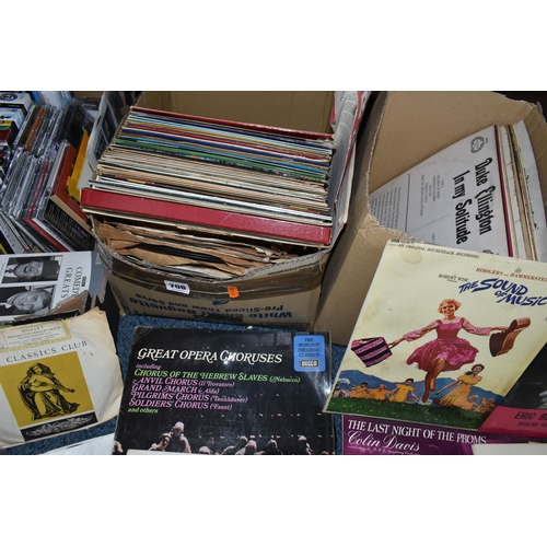 708 - THREE BOXES OF RECORDS, DVDS AND CDS, to include approximately sixty classical and easy listening vi... 