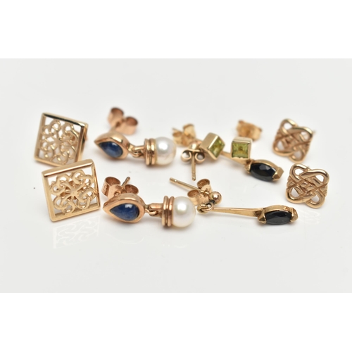 127 - AN ASSORTMENT OF 9CT GOLD AND YELLOW METAL EARRINGS, the first a pair of cultured pearl and sapphire... 