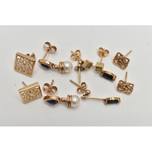 127 - AN ASSORTMENT OF 9CT GOLD AND YELLOW METAL EARRINGS, the first a pair of cultured pearl and sapphire... 