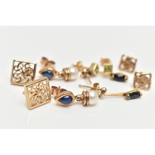 127 - AN ASSORTMENT OF 9CT GOLD AND YELLOW METAL EARRINGS, the first a pair of cultured pearl and sapphire... 