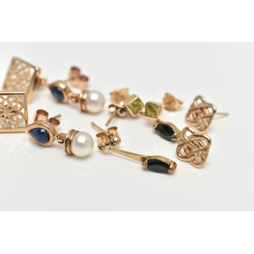 127 - AN ASSORTMENT OF 9CT GOLD AND YELLOW METAL EARRINGS, the first a pair of cultured pearl and sapphire... 