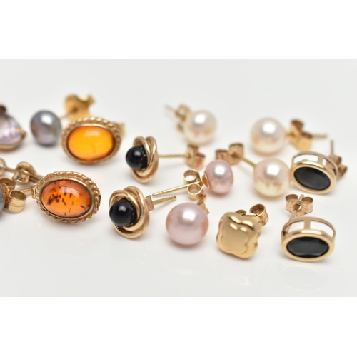 128 - AN ASSORTMENT OF 9CT GOLD AND YELLOW METAL EARRINGS, the first a pair of yellow gold and onyx stud e... 