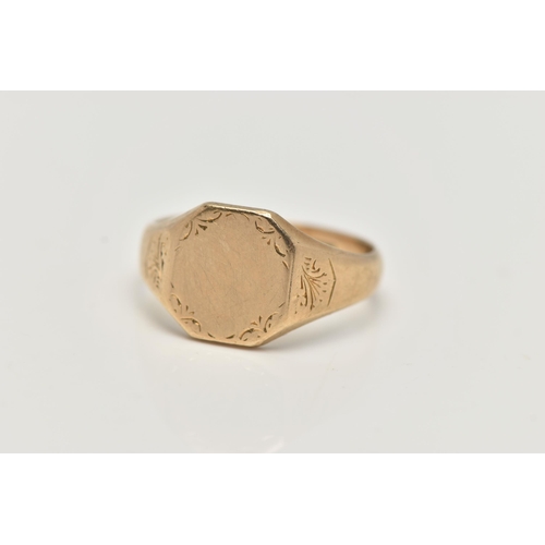 13 - A 9CT GOLD GENTS SIGNET RING, yellow gold square with cut off corners signet ring, etched with folia... 