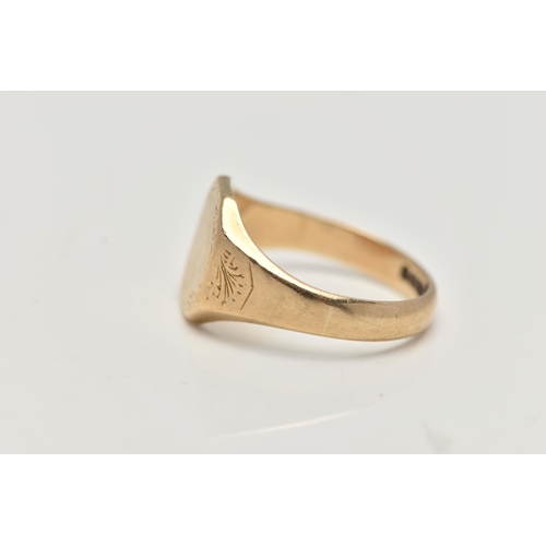 13 - A 9CT GOLD GENTS SIGNET RING, yellow gold square with cut off corners signet ring, etched with folia... 