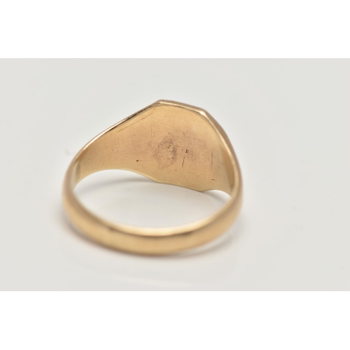 13 - A 9CT GOLD GENTS SIGNET RING, yellow gold square with cut off corners signet ring, etched with folia... 