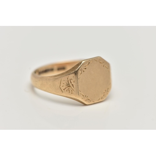 13 - A 9CT GOLD GENTS SIGNET RING, yellow gold square with cut off corners signet ring, etched with folia... 