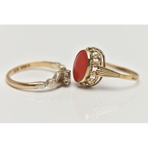 133 - TWO GEM SET RINGS, the first a yellow metal ring set with an oval coral cabochon, openwork gallery, ... 