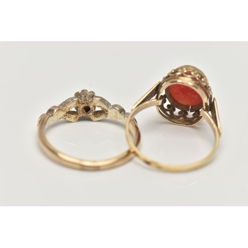 133 - TWO GEM SET RINGS, the first a yellow metal ring set with an oval coral cabochon, openwork gallery, ... 