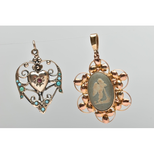 135 - TWO 9CT GOLD PENDANTS, the first a wedgwood cameo pendant, depicting a cherub, collet set within a f... 