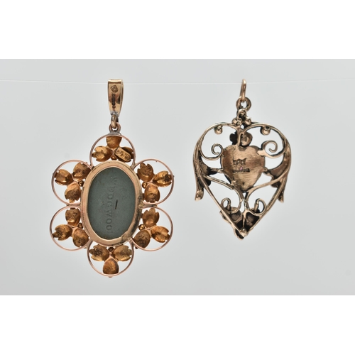 135 - TWO 9CT GOLD PENDANTS, the first a wedgwood cameo pendant, depicting a cherub, collet set within a f... 