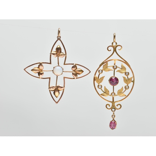 136 - TWO YELLOW METAL LAVALIER PENDANTS, the first of an openwork Maltese form, set with a central opal c... 