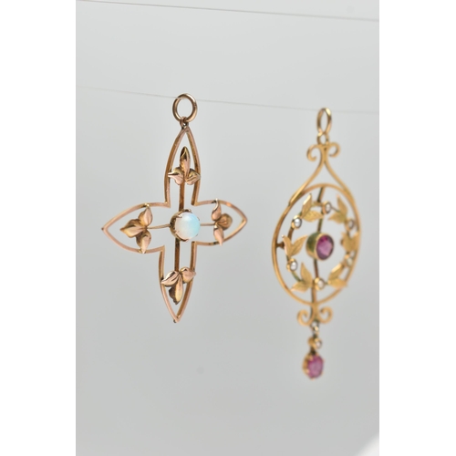 136 - TWO YELLOW METAL LAVALIER PENDANTS, the first of an openwork Maltese form, set with a central opal c... 