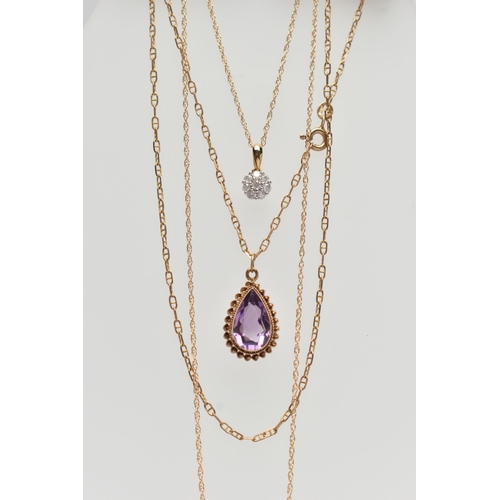 140 - TWO PENDANT NECKLACES, the first a pear cut amethyst pendant, milgrain collet set to a fine rope twi... 