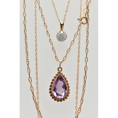 140 - TWO PENDANT NECKLACES, the first a pear cut amethyst pendant, milgrain collet set to a fine rope twi... 