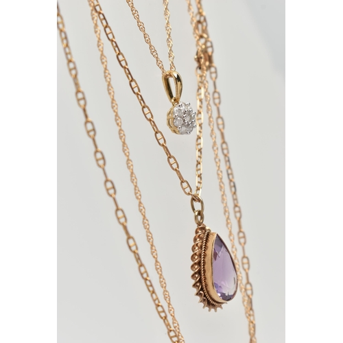 140 - TWO PENDANT NECKLACES, the first a pear cut amethyst pendant, milgrain collet set to a fine rope twi... 