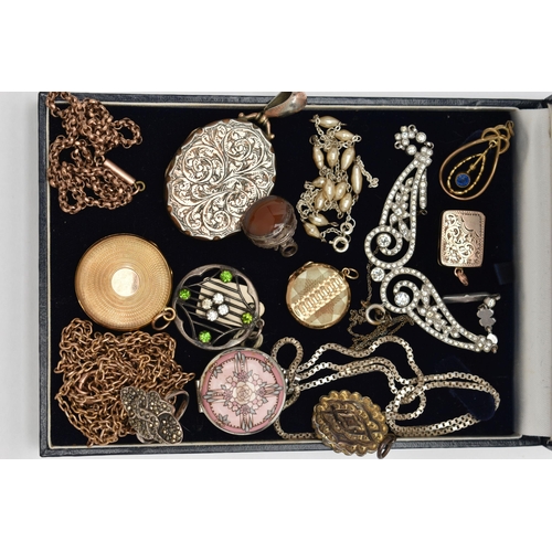 142 - A SELECTION OF JEWELLERY, to include an enamel 'Michaela Frey' locket suspended from a silver box li... 