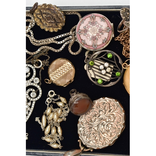 142 - A SELECTION OF JEWELLERY, to include an enamel 'Michaela Frey' locket suspended from a silver box li... 