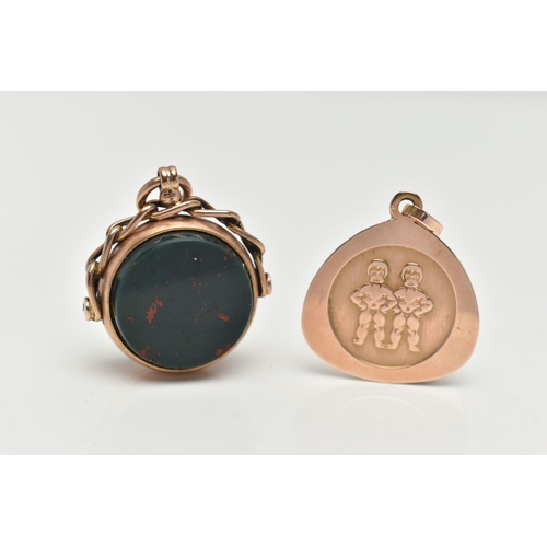 145 - TWO 9CT GOLD PENDANTS, the first a swivel fob pendant set with carnelian and bloodstone inlays, coll... 