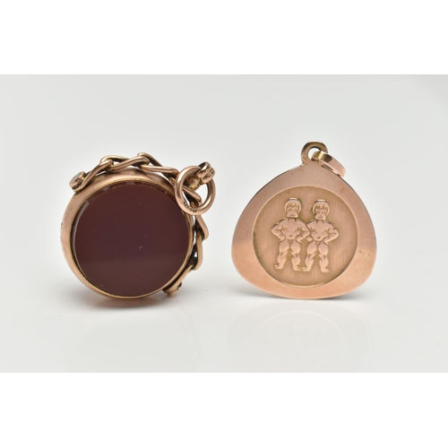 145 - TWO 9CT GOLD PENDANTS, the first a swivel fob pendant set with carnelian and bloodstone inlays, coll... 