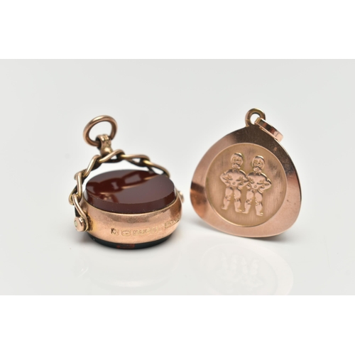 145 - TWO 9CT GOLD PENDANTS, the first a swivel fob pendant set with carnelian and bloodstone inlays, coll... 