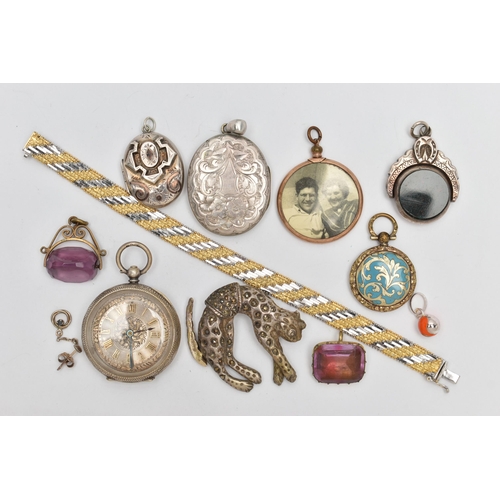 146 - A BAG OF ASSORTED JEWELLERY, to include a silver marcasite cat brooch hallmarked Birmingham, a silve... 