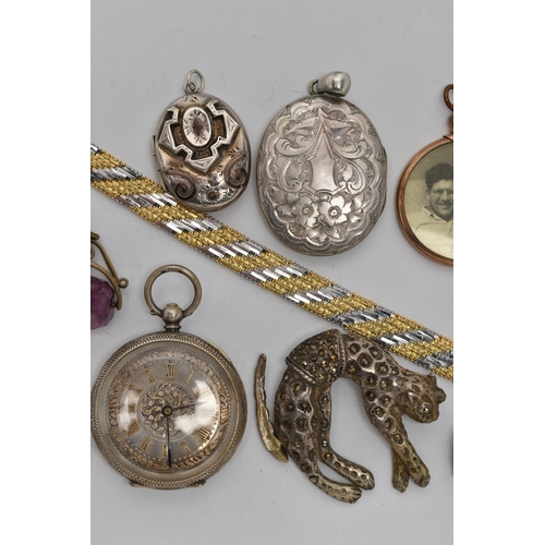 146 - A BAG OF ASSORTED JEWELLERY, to include a silver marcasite cat brooch hallmarked Birmingham, a silve... 