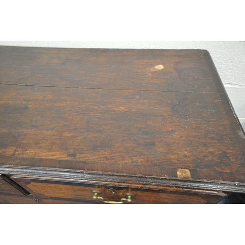 1200 - A GEORGIAN OAK AND CROSSBANDED CHEST OF TWO SHORT OVER THREE LONG GRADUATED DRAWERS, with brass swan... 