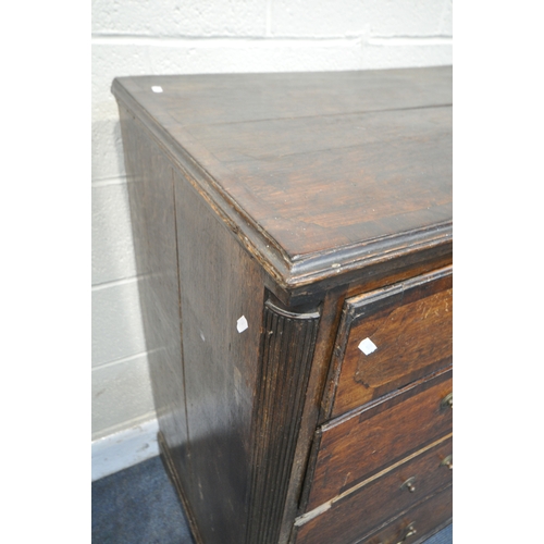 1200 - A GEORGIAN OAK AND CROSSBANDED CHEST OF TWO SHORT OVER THREE LONG GRADUATED DRAWERS, with brass swan... 