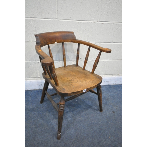 1285 - A 19TH CENTURY ELM AND BEECH BOW TOP SMOKERS CHAIR (condition:-replacement top)