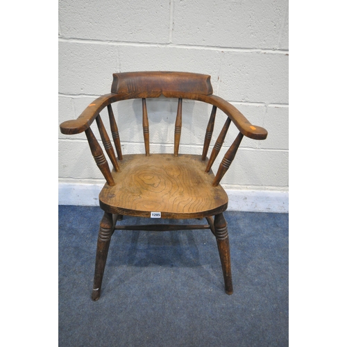 1285 - A 19TH CENTURY ELM AND BEECH BOW TOP SMOKERS CHAIR (condition:-replacement top)