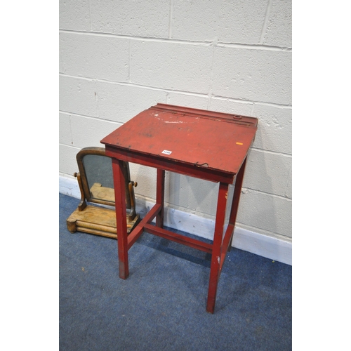 1286 - A VINTAGE RED PAINTED SCHOOL DESK, width 54cm x depth 52cm x height 77cm, along with a Victorian swi... 