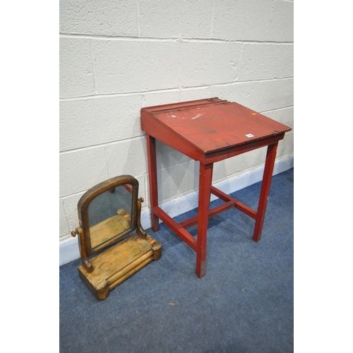 1286 - A VINTAGE RED PAINTED SCHOOL DESK, width 54cm x depth 52cm x height 77cm, along with a Victorian swi... 