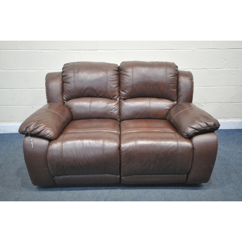 1290 - A BROWN LEATHER MANUAL RECLINING TWO SEATER SETTEE, length 162cm (condition:-one seat slightly worn)