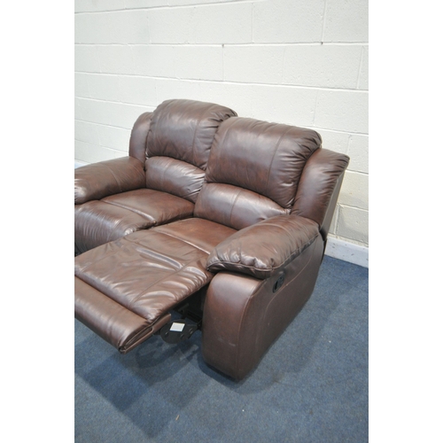 1290 - A BROWN LEATHER MANUAL RECLINING TWO SEATER SETTEE, length 162cm (condition:-one seat slightly worn)