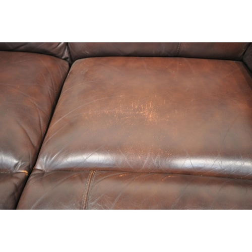 1290 - A BROWN LEATHER MANUAL RECLINING TWO SEATER SETTEE, length 162cm (condition:-one seat slightly worn)