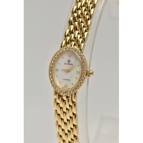 106 - A LADYS 'CYMA' WRISTWATCH, quartz movement, oval mother of pearl dial signed 'Cyma quartz', diamond ... 