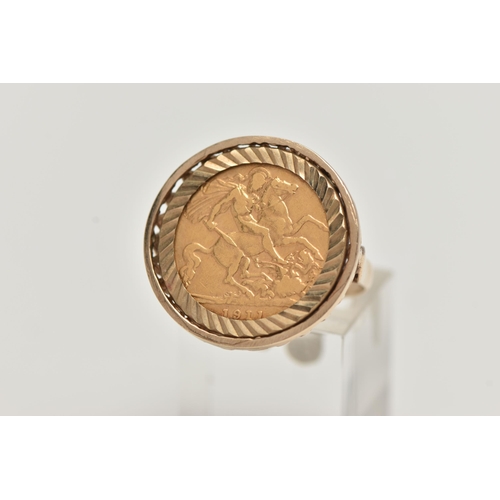 11 - A HALF SOVEREIGN RING, George and the Dragon 1911, George V to the obverse, set into 9ct yellow gold... 