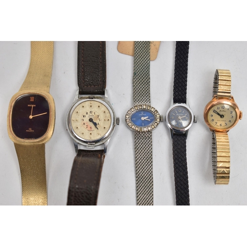 113 - AN ASSORTMENT OF FIVE WATCHES, to include a ladys 'Orfina' cocktail wristwatch, a ladys 'Bentima' wr... 