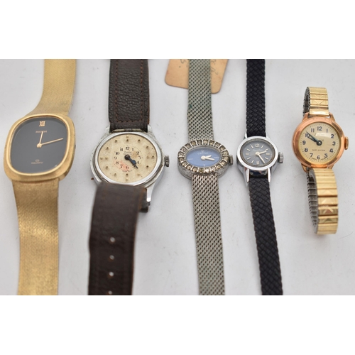 113 - AN ASSORTMENT OF FIVE WATCHES, to include a ladys 'Orfina' cocktail wristwatch, a ladys 'Bentima' wr... 