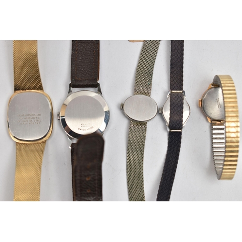 113 - AN ASSORTMENT OF FIVE WATCHES, to include a ladys 'Orfina' cocktail wristwatch, a ladys 'Bentima' wr... 