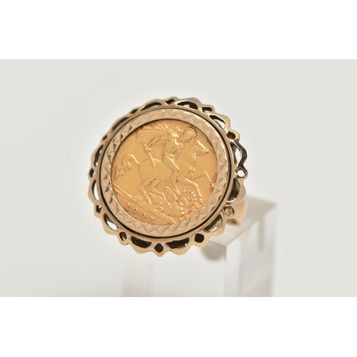 12 - A HALF SOVEREIGN RING, George and the Dragon 1907, Edward VII to the obverse, set into 9ct yellow go... 