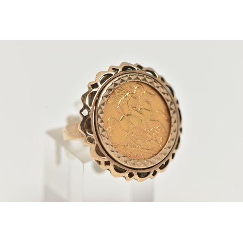 12 - A HALF SOVEREIGN RING, George and the Dragon 1907, Edward VII to the obverse, set into 9ct yellow go... 