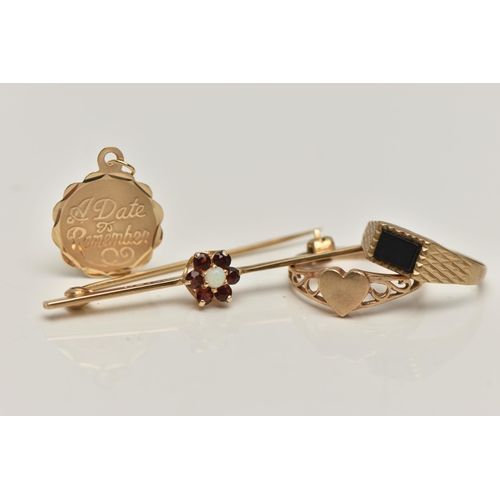 125 - TWO 9CT GOLD RINGS AND A BAR BROOCH, the first a small onyx signet ring of a rectangular form, hallm... 