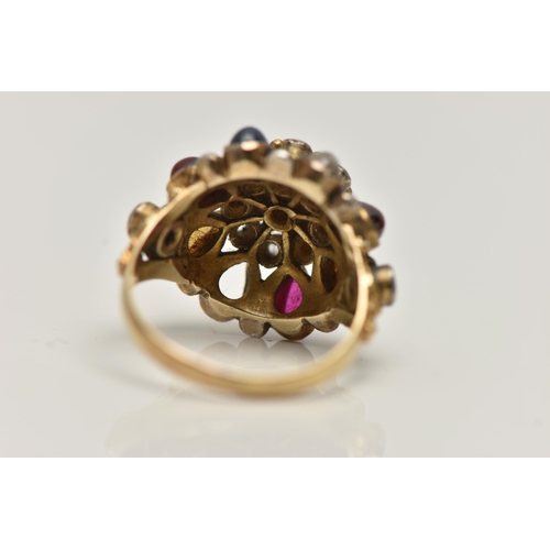 126 - A GEM SET DOME RING, a yellow metal ring, principally set with an old cut diamond in a bezel setting... 