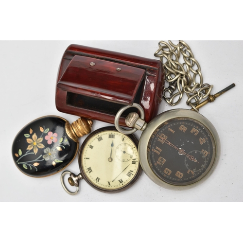 127 - A SILVER POCKET WATCH, MILITARY POCKET WATCH AND OTHER ITEMS, an open face pocket watch, monogram en... 